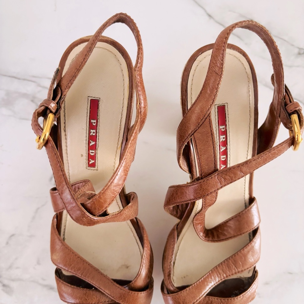 Prada Authentic Women’s Brown Strappy Sandals Cork Style Heel Size IT 38 or US 8 - Picture 5 of 10
